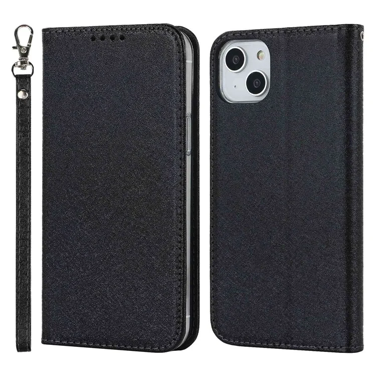 Per iPhone 15 Wallet Phone Case Silk Texture Stand TPU + PU Leather Cover - Nero