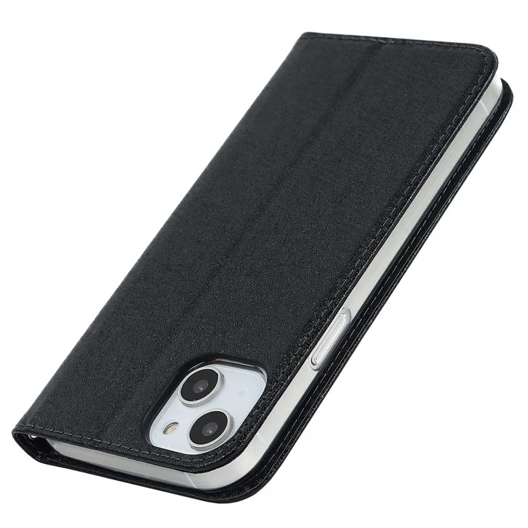 Per iPhone 15 Wallet Phone Case Silk Texture Stand TPU + PU Leather Cover - Nero