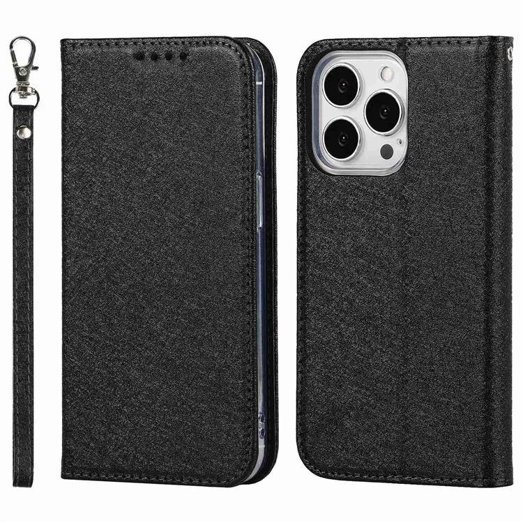 Wallet Phone Case for iPhone 15 Pro Max , Anti-Scratch PU Leather Silk Texture Stand Cover - Black