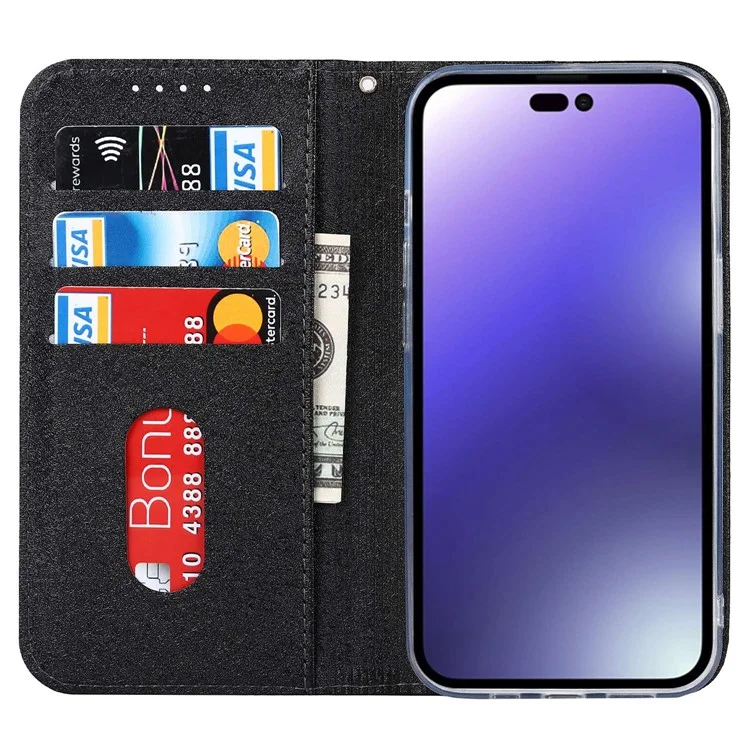 Wallet Phone Case for iPhone 15 Pro Max , Anti-Scratch PU Leather Silk Texture Stand Cover - Black
