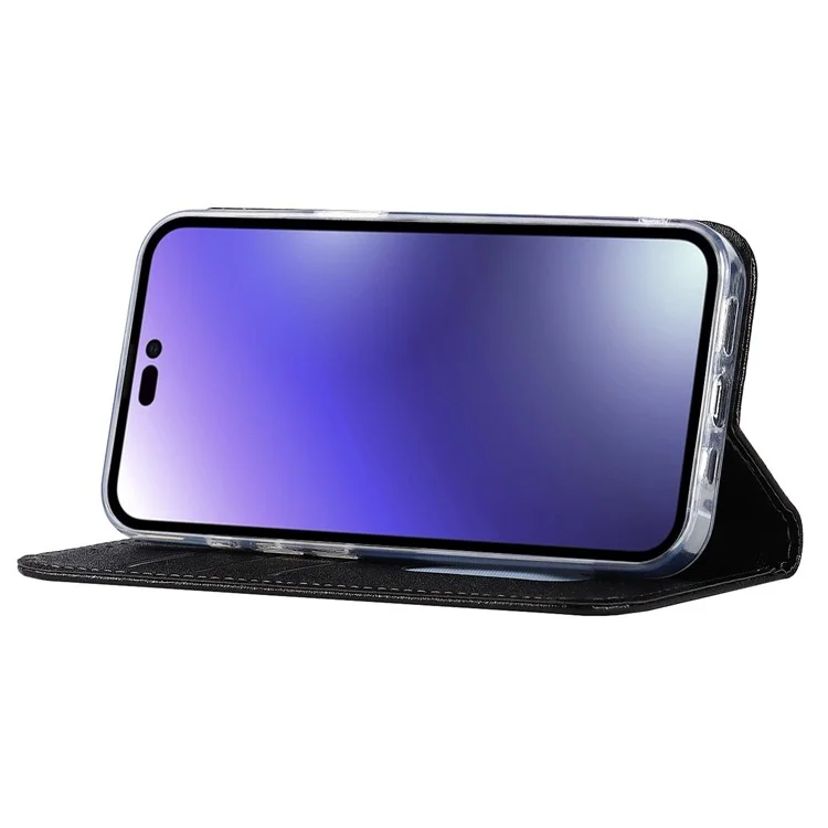 Wallet Phone Case for iPhone 15 Pro Max , Anti-Scratch PU Leather Silk Texture Stand Cover - Black