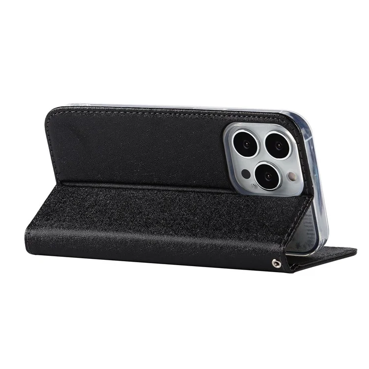 Wallet Phone Case for iPhone 15 Pro Max , Anti-Scratch PU Leather Silk Texture Stand Cover - Black
