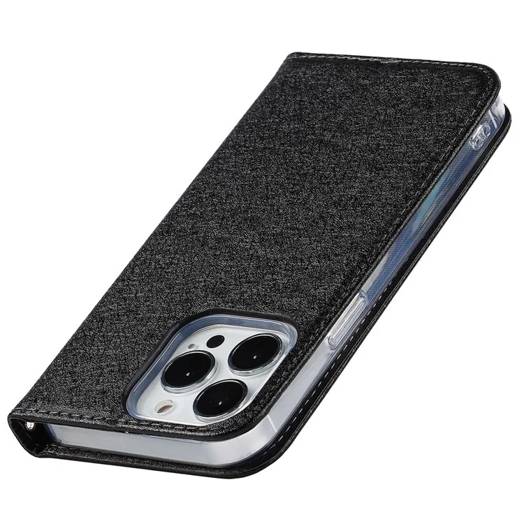 Wallet Phone Case for iPhone 15 Pro Max , Anti-Scratch PU Leather Silk Texture Stand Cover - Black