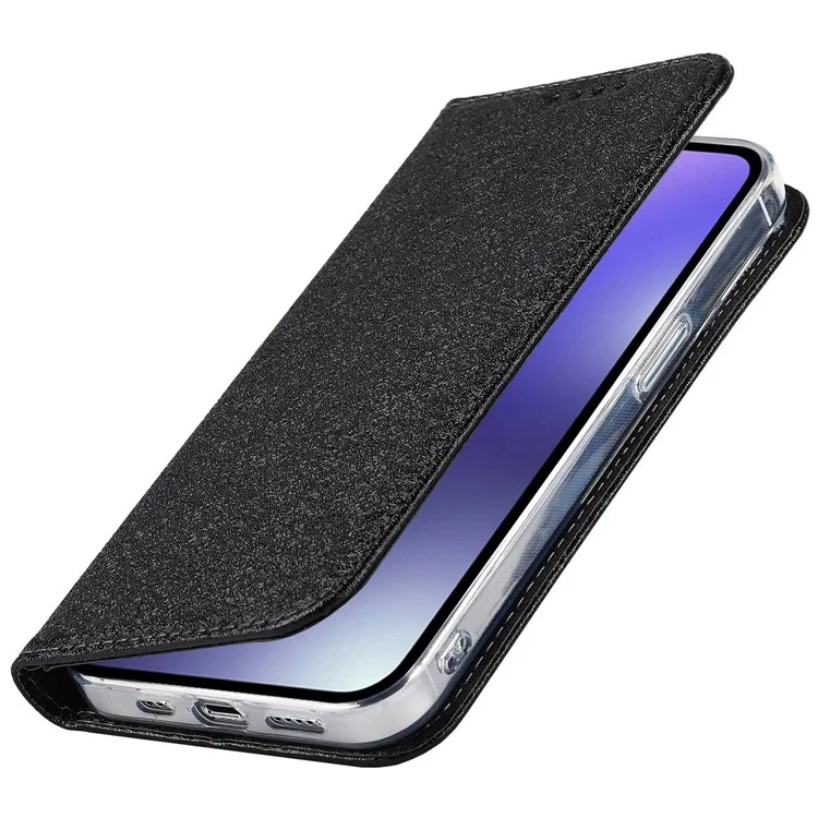 Wallet Phone Case for iPhone 15 Pro Max , Anti-Scratch PU Leather Silk Texture Stand Cover - Black