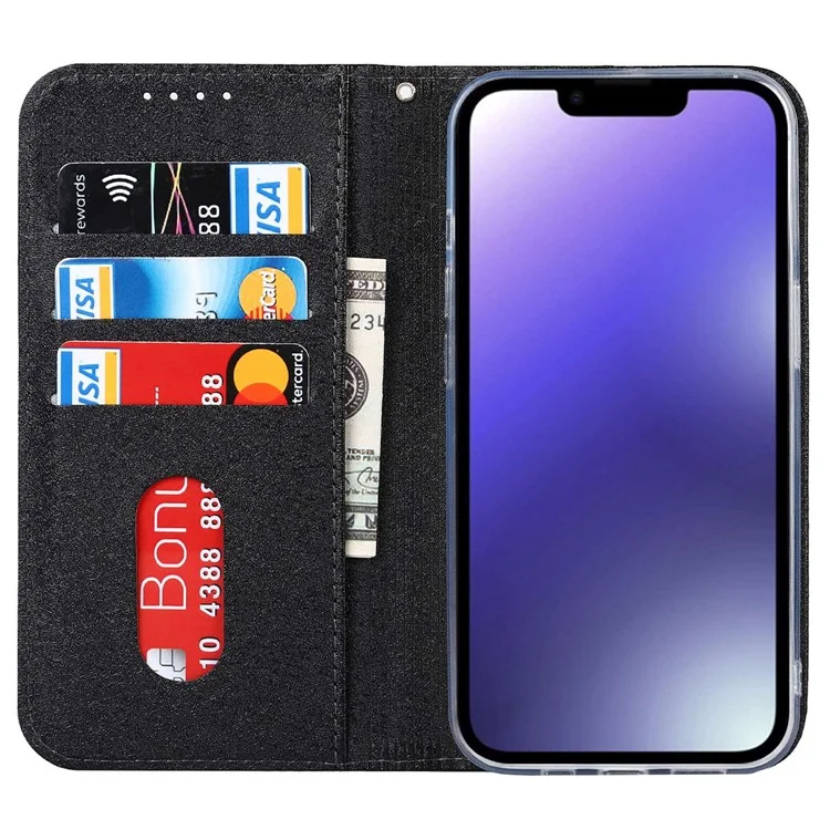 For iPhone 15 Plus Phone Case Silk Texture Stand Cover Anti-Scratch PU Leather Wallet Phone Shell - Black