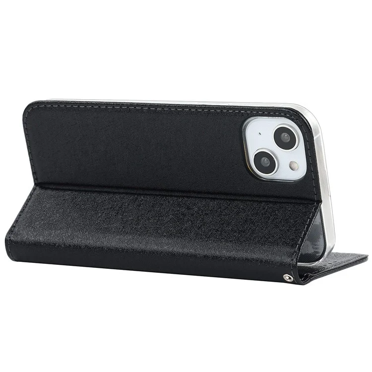 For iPhone 15 Plus Phone Case Silk Texture Stand Cover Anti-Scratch PU Leather Wallet Phone Shell - Black