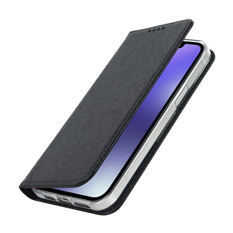 For iPhone 15 Plus Phone Case Silk Texture Stand Cover Anti-Scratch PU Leather Wallet Phone Shell - Black