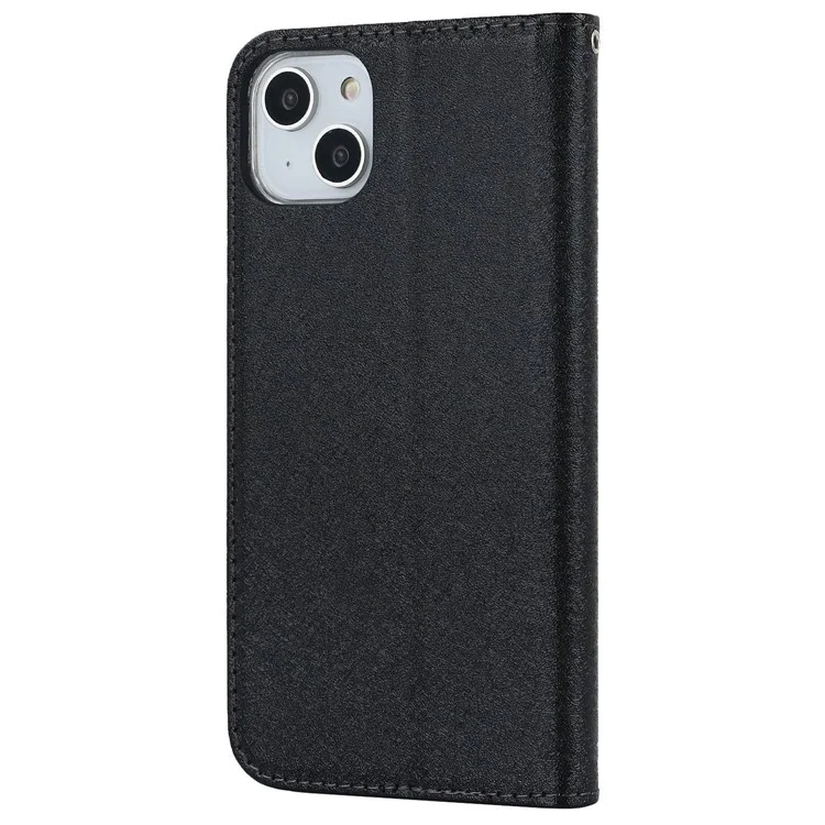 For iPhone 15 Plus Phone Case Silk Texture Stand Cover Anti-Scratch PU Leather Wallet Phone Shell - Black