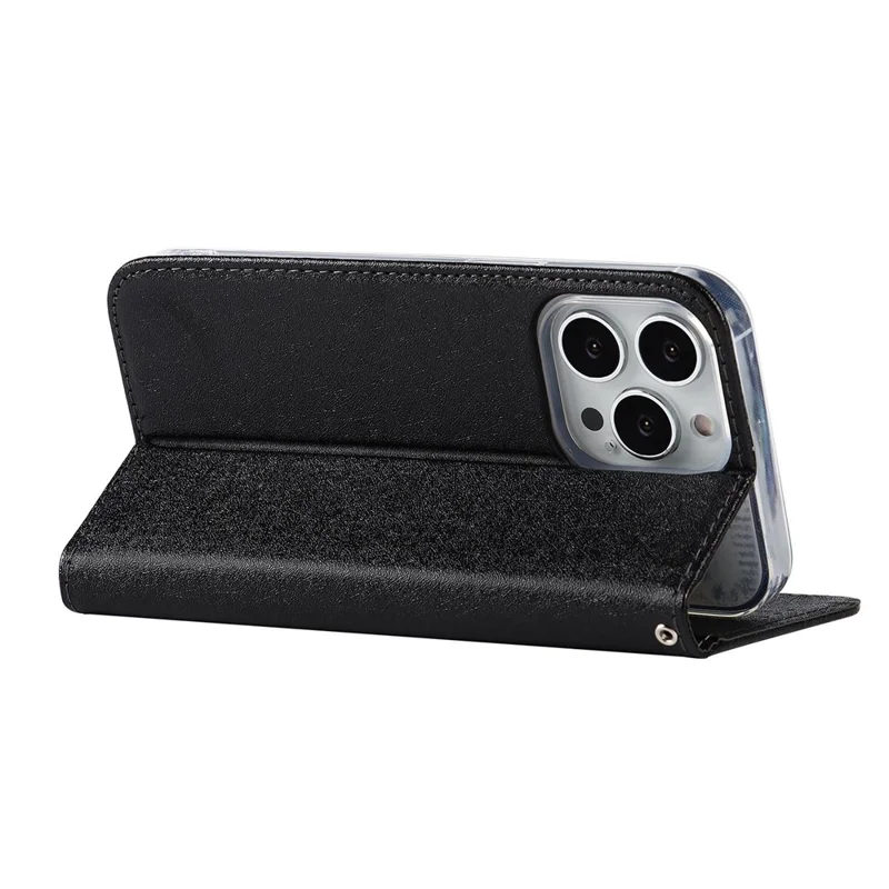Per iPhone 15 Pro Anti-Scratch PU Leather Wallet Phone Case Silk Texture Stand Cover - Nero