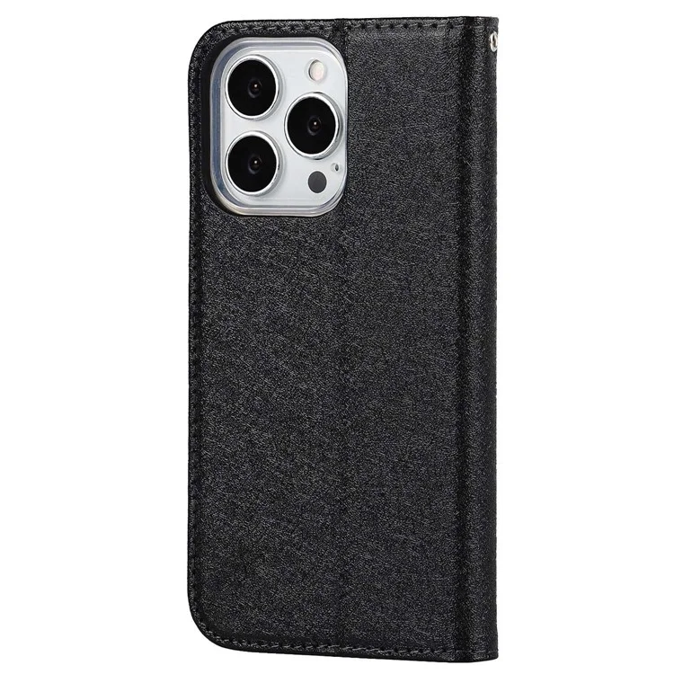 Per iPhone 15 Pro Anti-Scratch PU Leather Wallet Phone Case Silk Texture Stand Cover - Nero