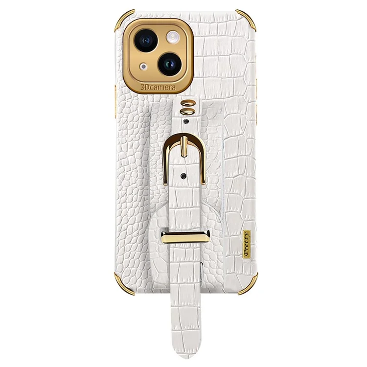 Per iPhone 15 6D Custodia Telefonica in Elettroplaccatura PU Pelle+TPU con Cinturino da Polso e Supporto - Bianco