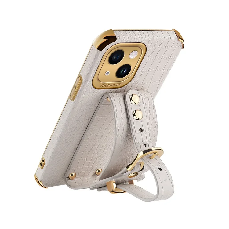 Per iPhone 15 6D Custodia Telefonica in Elettroplaccatura PU Pelle+TPU con Cinturino da Polso e Supporto - Bianco