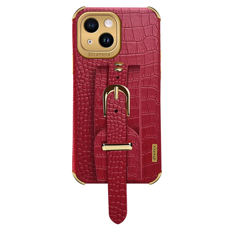 Für iPhone 15 6D Elektroplattierung Handytasche PU-Leder+TPU Rückseite mit Handgelenkband und Ständer - Rot