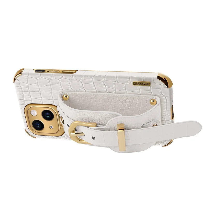 Für iPhone 15 6D Elektroplattierung Handytasche PU-Leder+TPU Rückseite mit Handgelenkband und Ständer - Rot