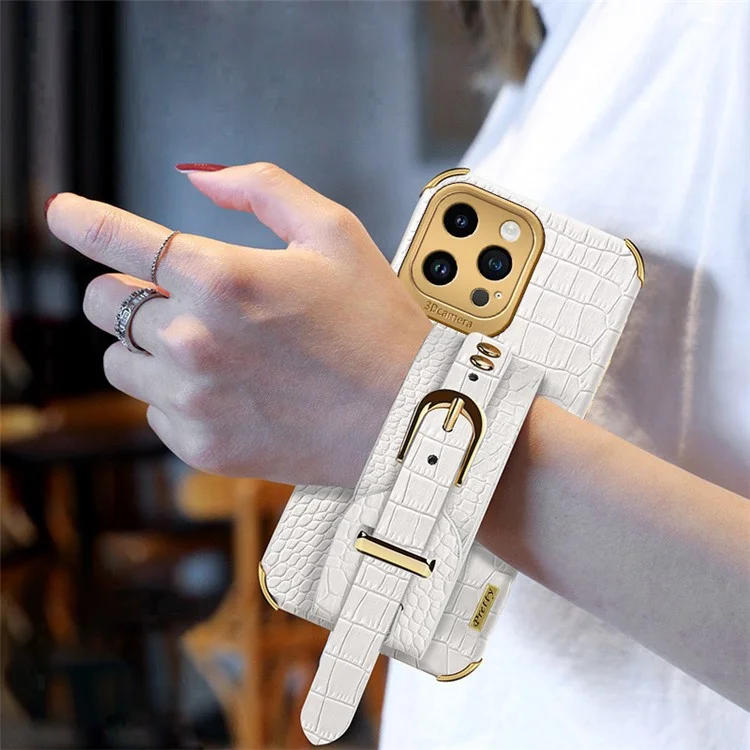 Para iPhone 15 Pro PU Leather+TPU 6D Electroplated Back Case Wristband Kickstand Phone Cover - Blanco