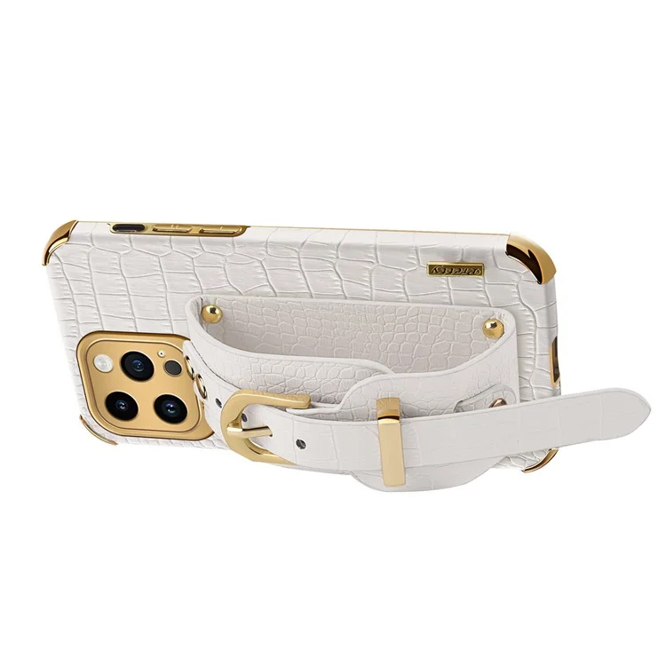 Para iPhone 15 Pro PU Leather+TPU 6D Electroplated Back Case Wristband Kickstand Phone Cover - Blanco
