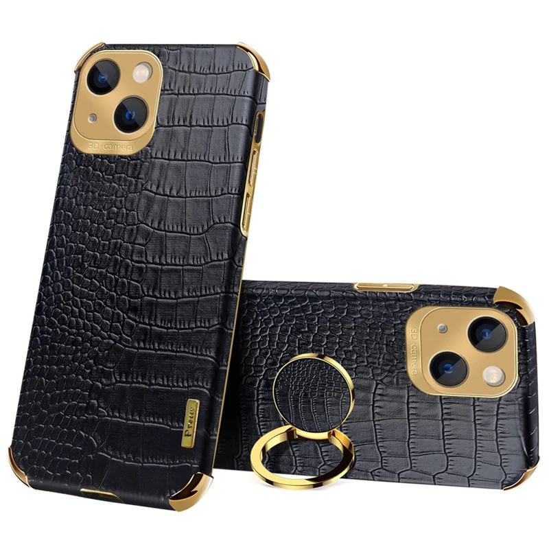 For iPhone 15 Crocodile Texture Ring Kickstand Phone Case Electroplated Leather+TPU Cover - Black