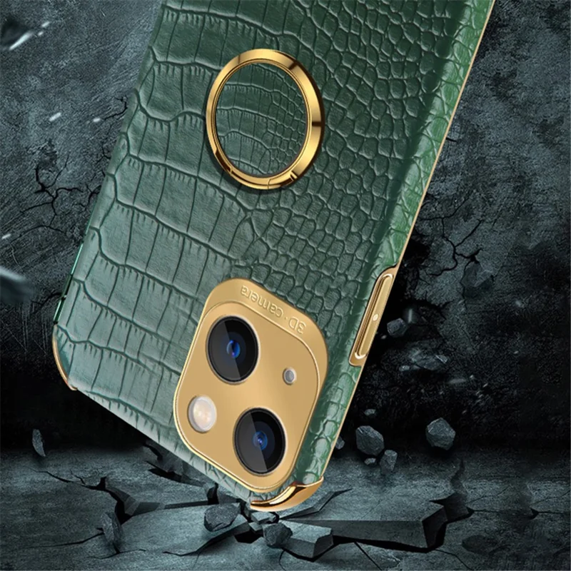 For iPhone 15 Crocodile Texture Ring Kickstand Phone Case Electroplated Leather+TPU Cover - Black