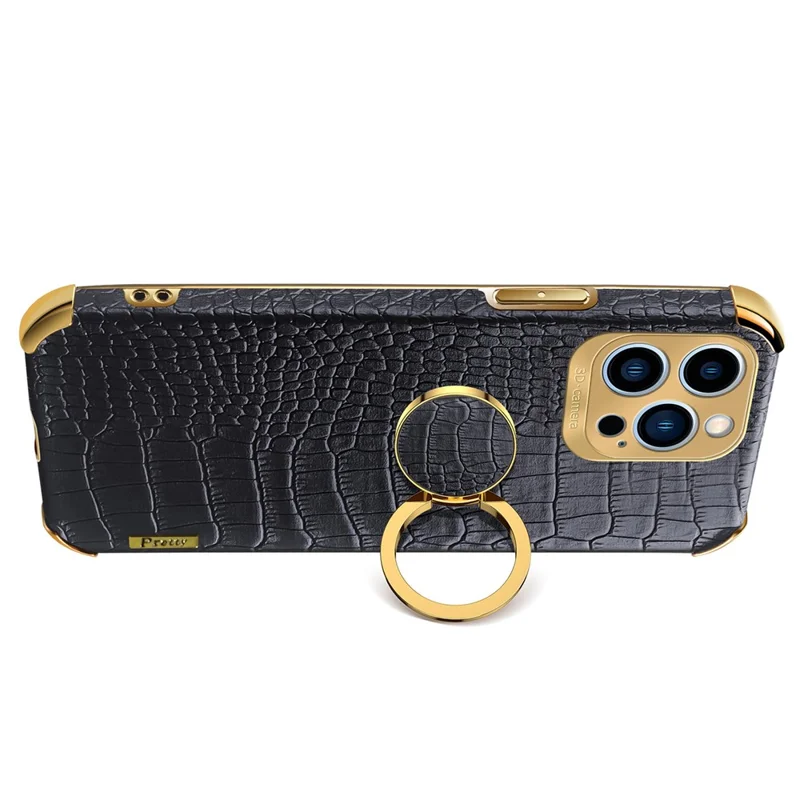 Per iPhone 15 Pro Crocodile Texture Electroplated Anti-drop Phone Case Leather+TPU Kickstand Cover - Nero