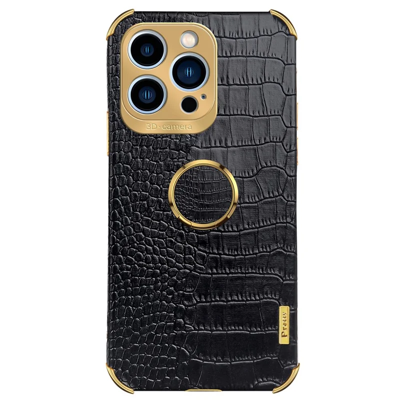 Per iPhone 15 Pro Crocodile Texture Electroplated Anti-drop Phone Case Leather+TPU Kickstand Cover - Nero