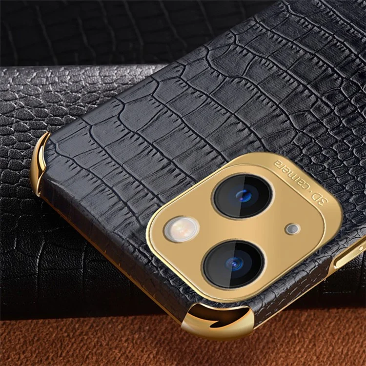 For iPhone 15 Plus Crocodile Texture Leather+TPU Cover Finger Ring Kickstand Phone Case - Black