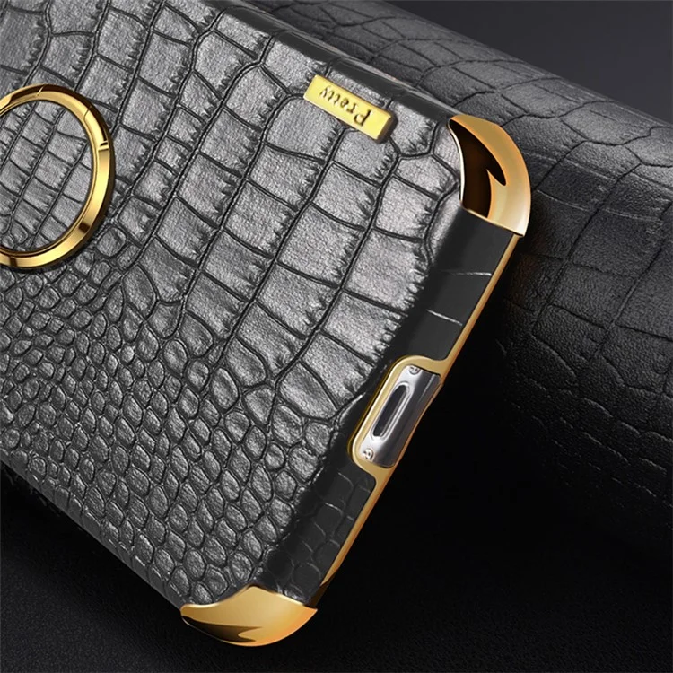 For iPhone 15 Plus Crocodile Texture Leather+TPU Cover Finger Ring Kickstand Phone Case - Black