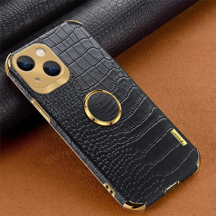 For iPhone 15 Plus Crocodile Texture Leather+TPU Cover Finger Ring Kickstand Phone Case - Black