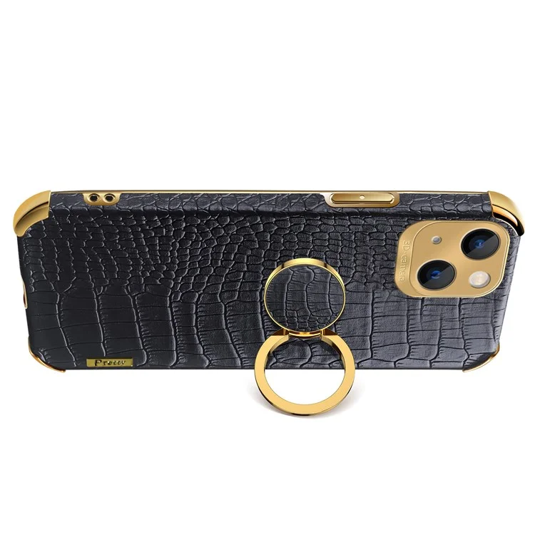 For iPhone 15 Plus Crocodile Texture Leather+TPU Cover Finger Ring Kickstand Phone Case - Black