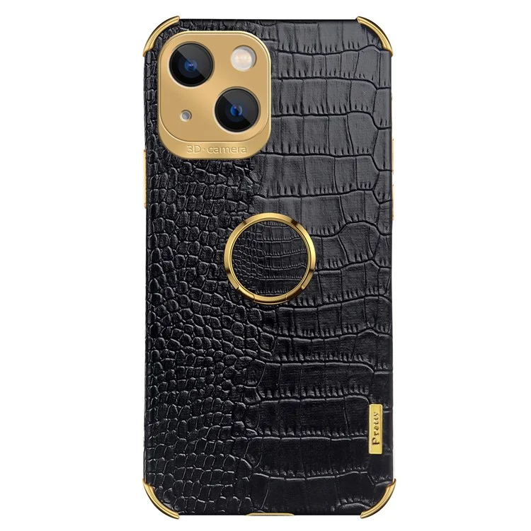 For iPhone 15 Plus Crocodile Texture Leather+TPU Cover Finger Ring Kickstand Phone Case - Black