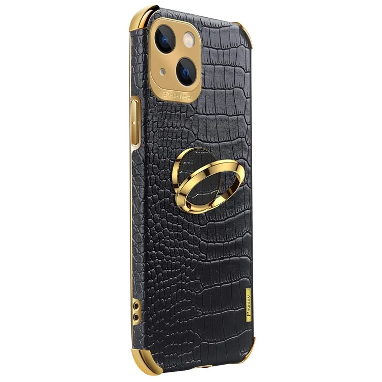 For iPhone 15 Plus Crocodile Texture Leather+TPU Cover Finger Ring Kickstand Phone Case - Black