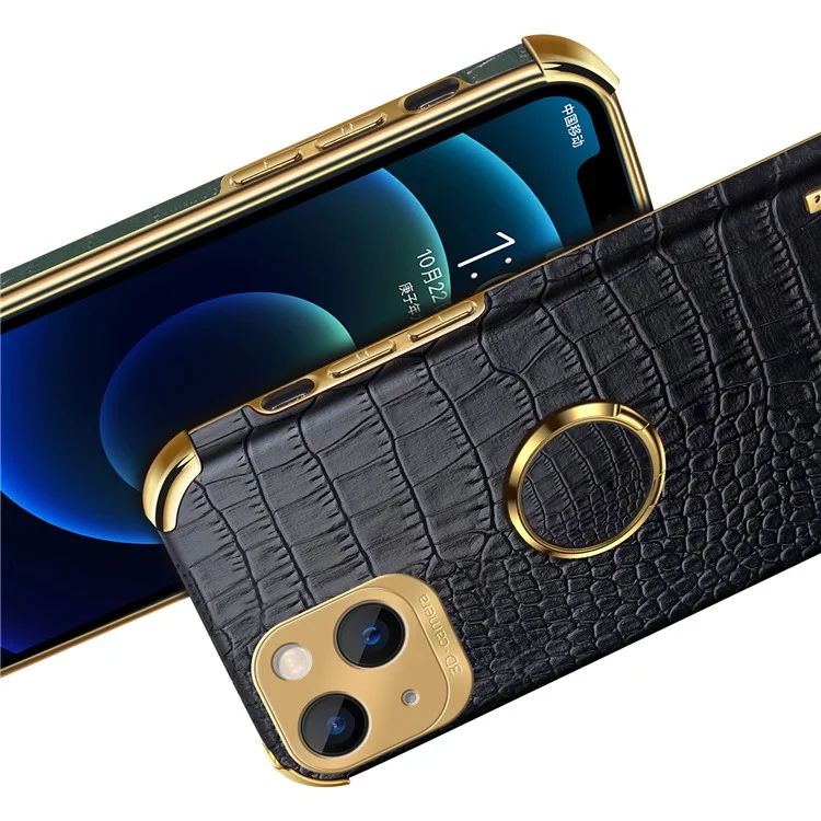 For iPhone 15 Plus Crocodile Texture Leather+TPU Cover Finger Ring Kickstand Phone Case - Black