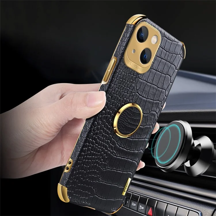 For iPhone 15 Plus Crocodile Texture Leather+TPU Cover Finger Ring Kickstand Phone Case - Black