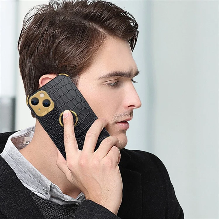 For iPhone 15 Plus Crocodile Texture Leather+TPU Cover Finger Ring Kickstand Phone Case - Black