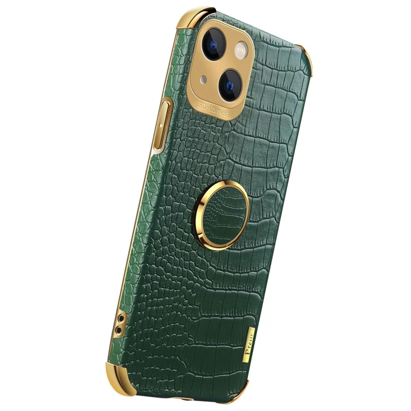 For iPhone 15 Plus Crocodile Texture Leather+TPU Cover Finger Ring Kickstand Phone Case - Green