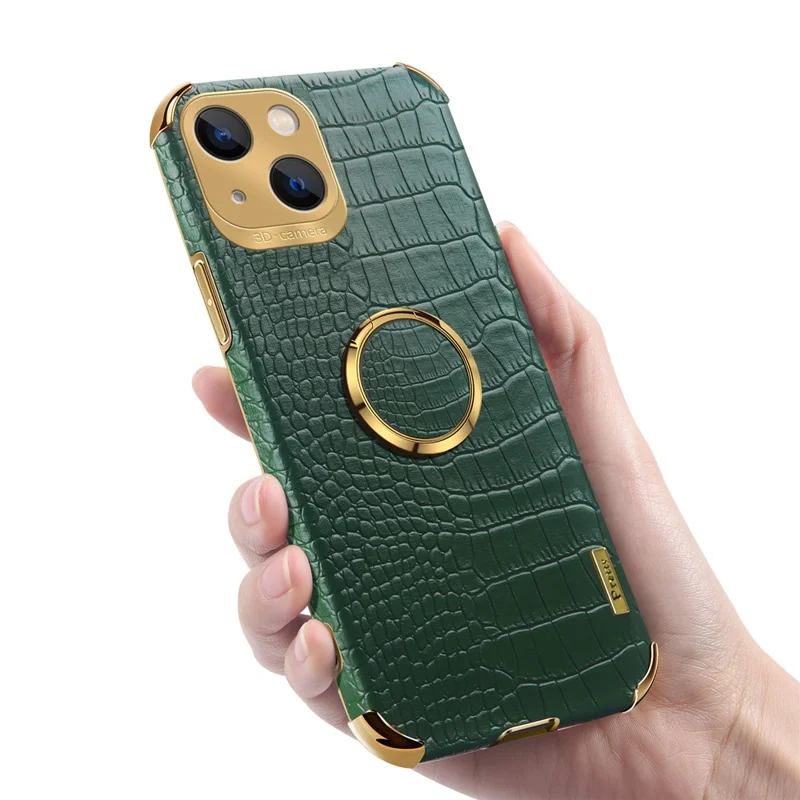 For iPhone 15 Plus Crocodile Texture Leather+TPU Cover Finger Ring Kickstand Phone Case - Green