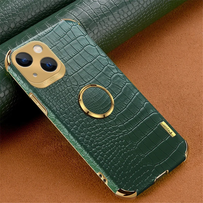 For iPhone 15 Plus Crocodile Texture Leather+TPU Cover Finger Ring Kickstand Phone Case - Green