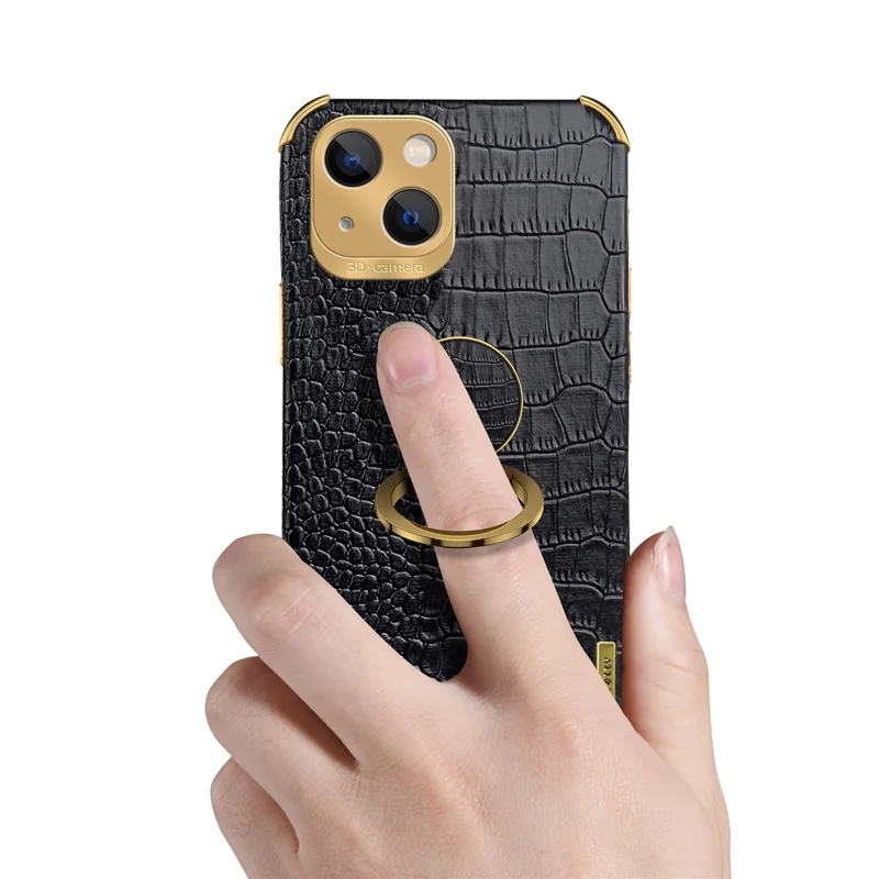 For iPhone 15 Plus Crocodile Texture Leather+TPU Cover Finger Ring Kickstand Phone Case - Green