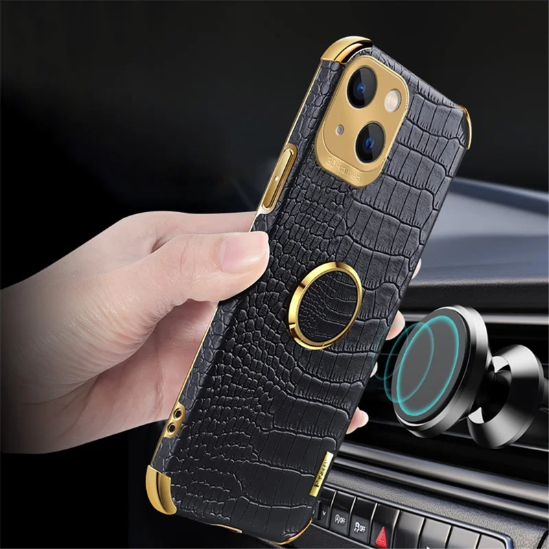 For iPhone 15 Plus Crocodile Texture Leather+TPU Cover Finger Ring Kickstand Phone Case - Green