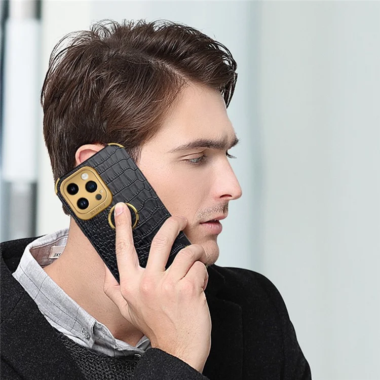 Per iPhone 15 Pro Max Ring Kickstand Phone Case Texture Crocodile Pelle+TPU Anti-graffio Cover - Nero