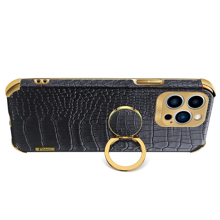 Per iPhone 15 Pro Max Ring Kickstand Phone Case Texture Crocodile Pelle+TPU Anti-graffio Cover - Nero