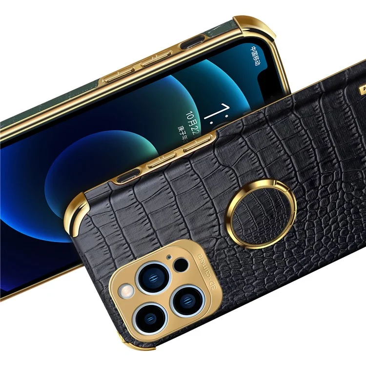 Per iPhone 15 Pro Max Ring Kickstand Phone Case Texture Crocodile Pelle+TPU Anti-graffio Cover - Nero