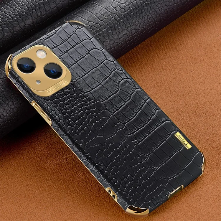 Per iPhone 15 Plus Crocodile Texture PU Leather Coated TPU Cover 6D Electroplated Phone Case - Nero