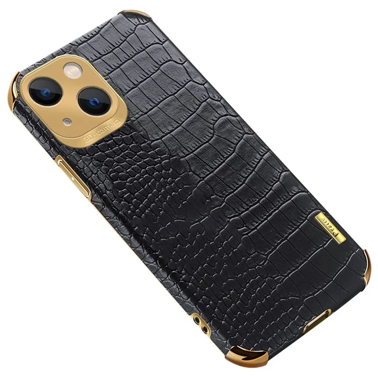 Pour iPhone 15 Crocodile Texture Leather+TPU Cover 6D Electroplating Anti-scratch Phone Case - Black