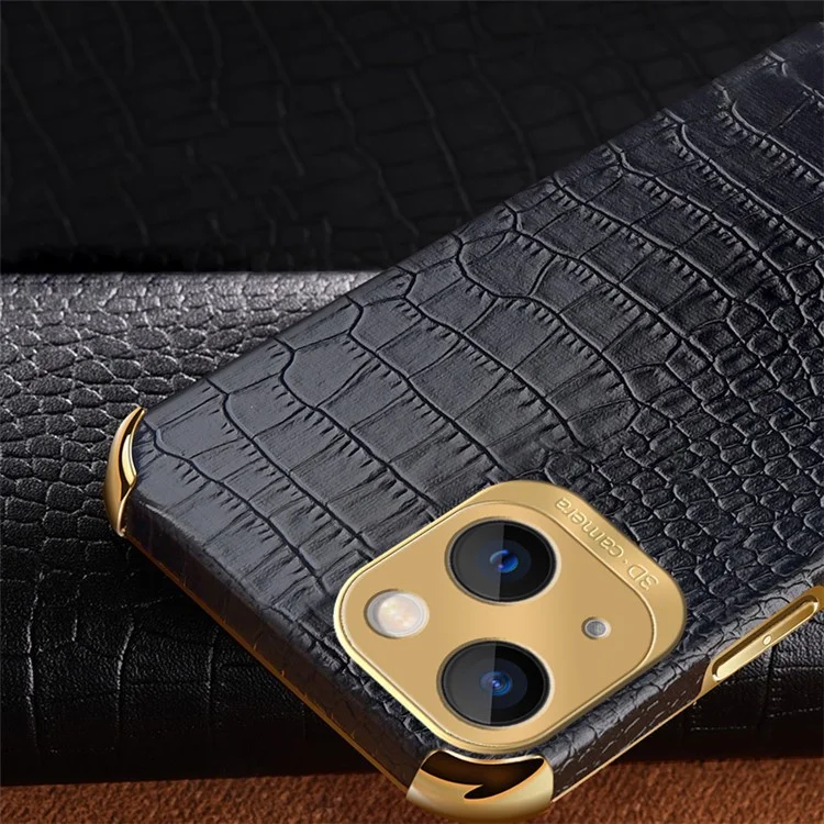 Pour iPhone 15 Crocodile Texture Leather+TPU Cover 6D Electroplating Anti-scratch Phone Case - Black