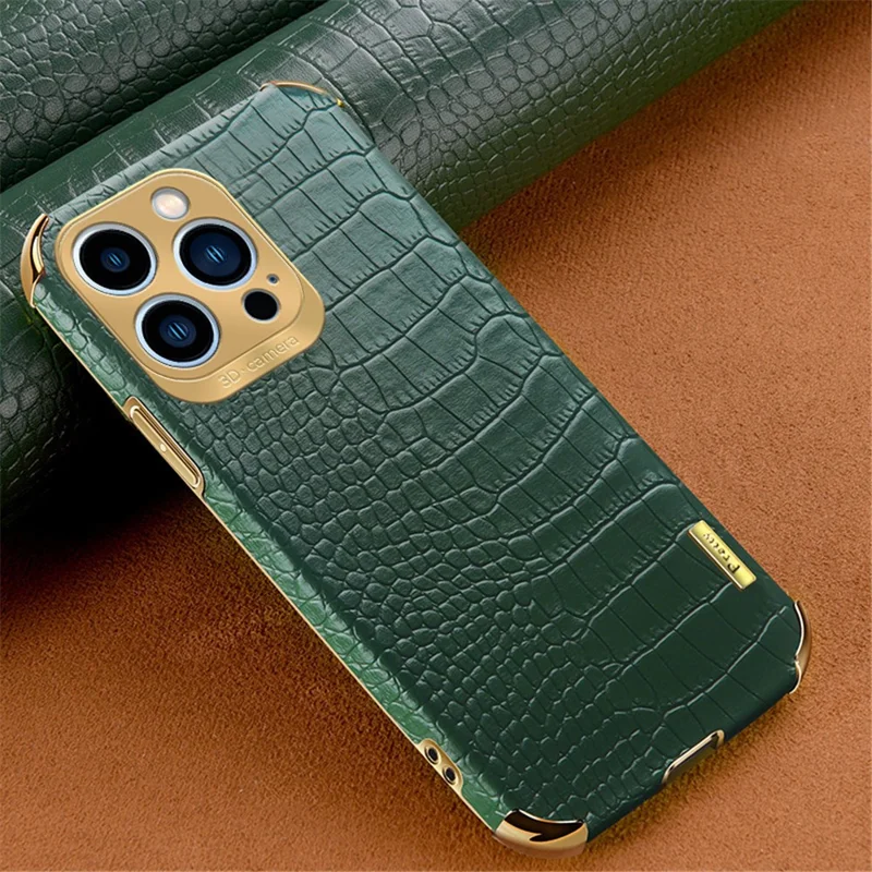 For iPhone 15 Pro Max 6D Electroplating Leather Coated TPU Cover Crocodile Texture Cell Phone Case - Green