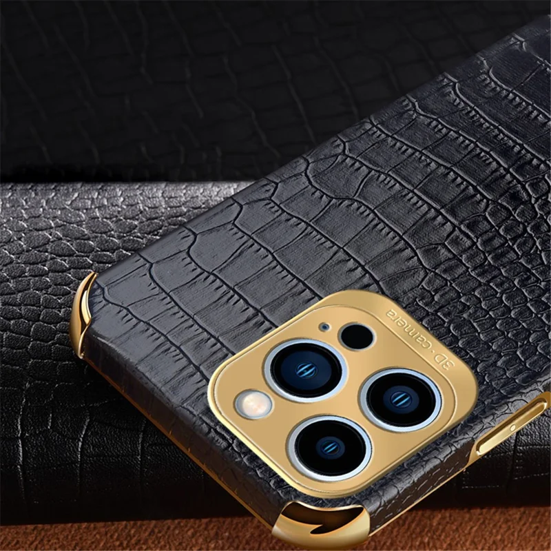 For iPhone 15 Pro Max 6D Electroplating Leather Coated TPU Cover Crocodile Texture Cell Phone Case - Green