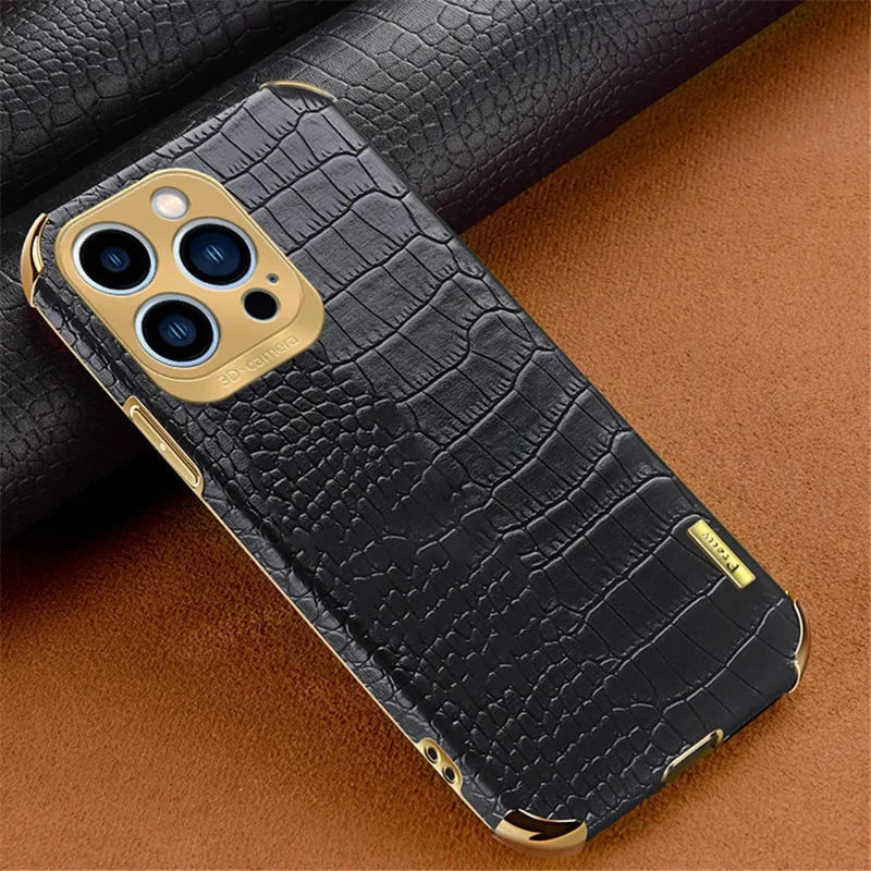 Для iPhone 15 Pro Crocodile Texture PU Leather+TPU Cover Electroplated Anti-fall Phone Case - Чёрный