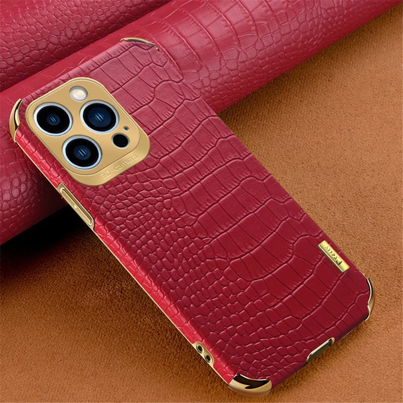 For iPhone 14 Pro Max Electroplated Crocodile Texture Cover Leather Coated Soft TPU Phone Case - Red