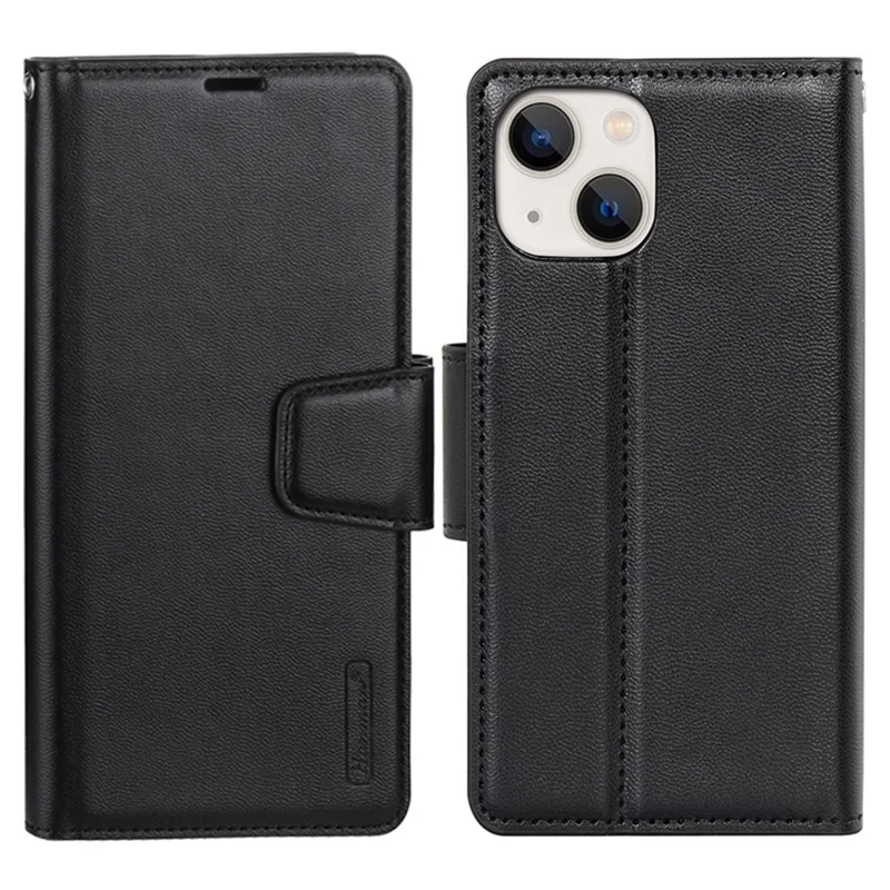 HANMAN Mill Series for iPhone 15 Plus PU Leather Mobile Phone Case Wallet Cell Phone Stand Cover - Black