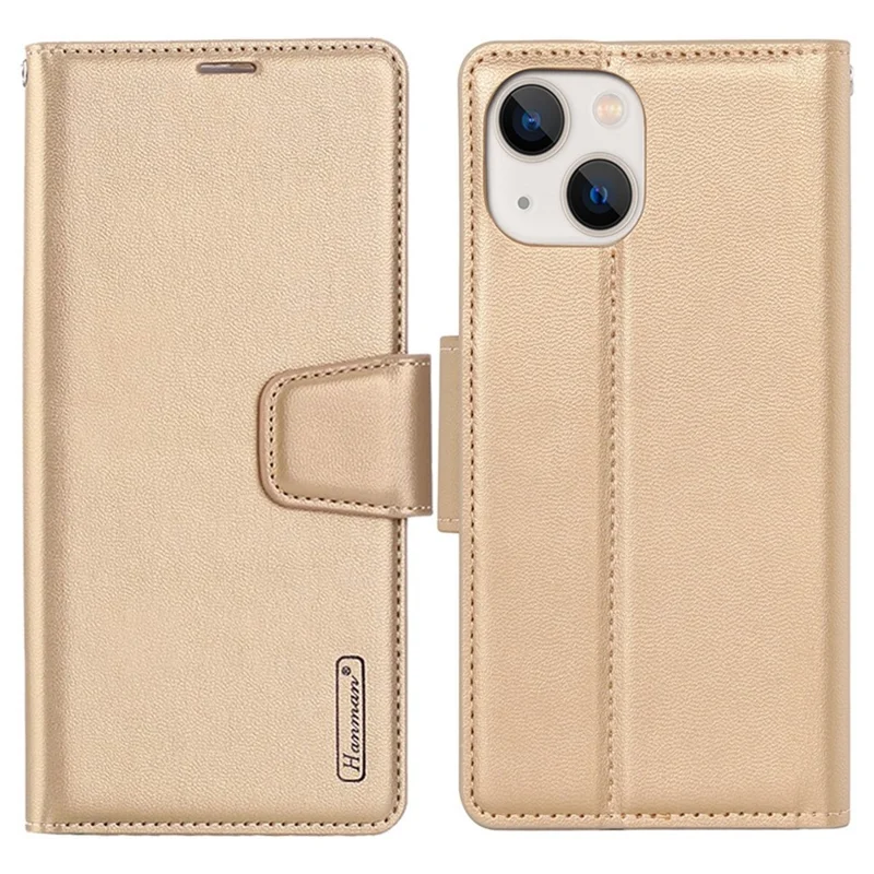 HANMAN Mill Series for iPhone 15 Plus PU Leather Mobile Phone Case Wallet Cell Phone Stand Cover - Gold